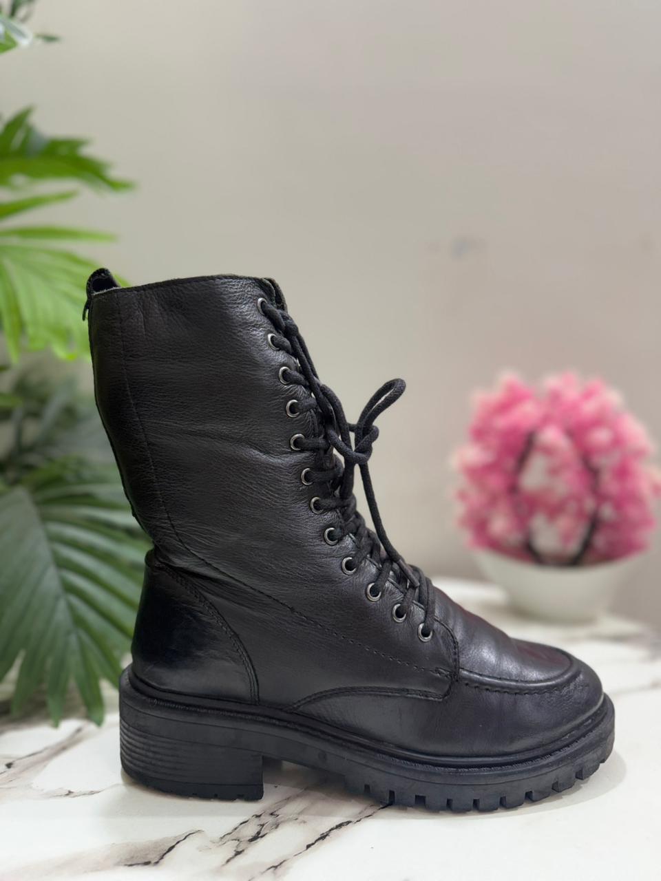 Black leather laceup boot with side zipper(nelson )