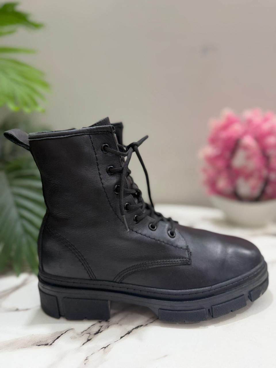 Black leather laceup side zipper ankle boot (tamaris )