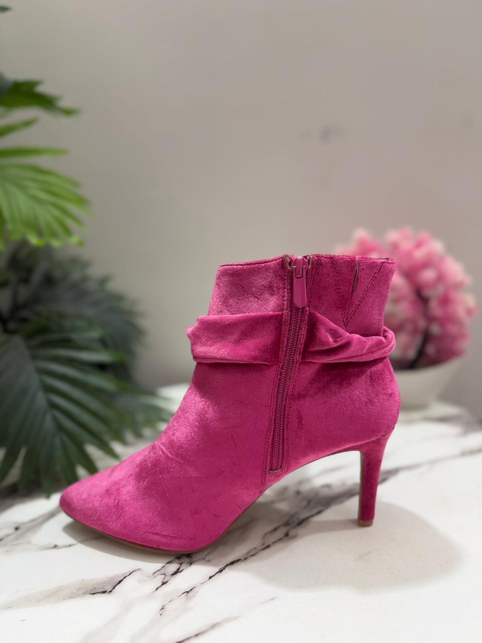 Pink velvet heeled ankle boot (torrid)