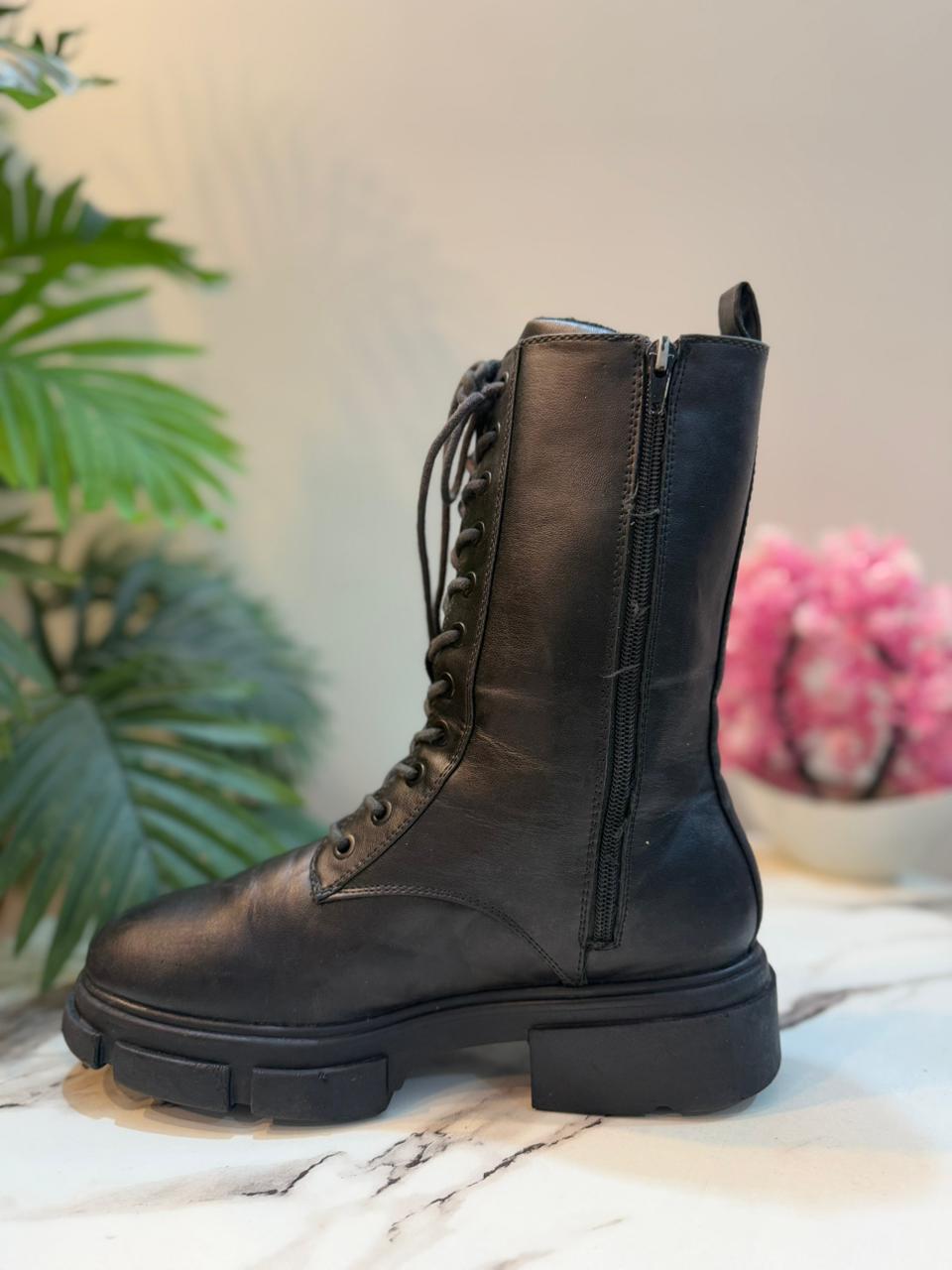 Black leather laceup zipper ankle boot newyorker