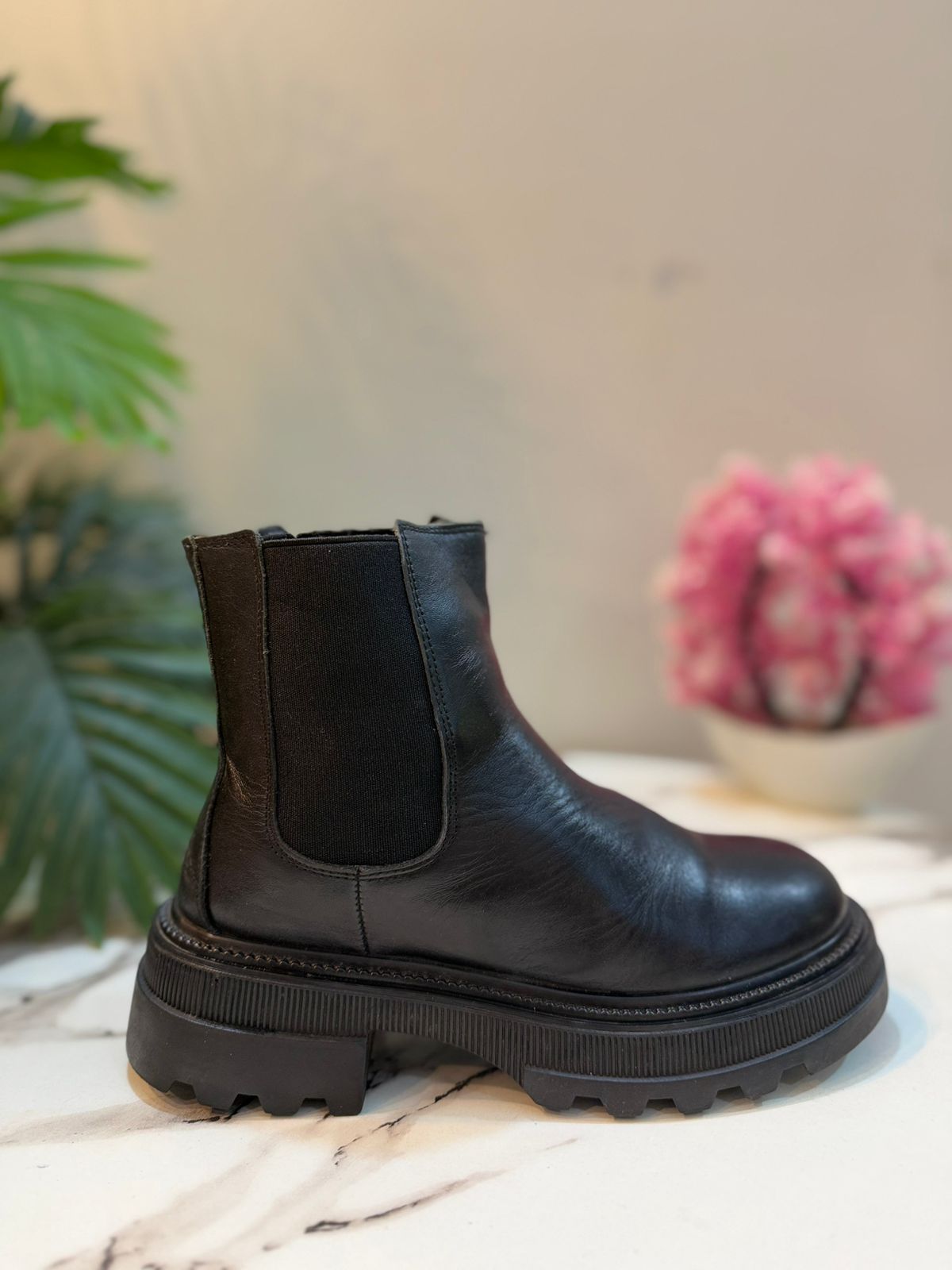Black leather chelsea ankle boot European brand