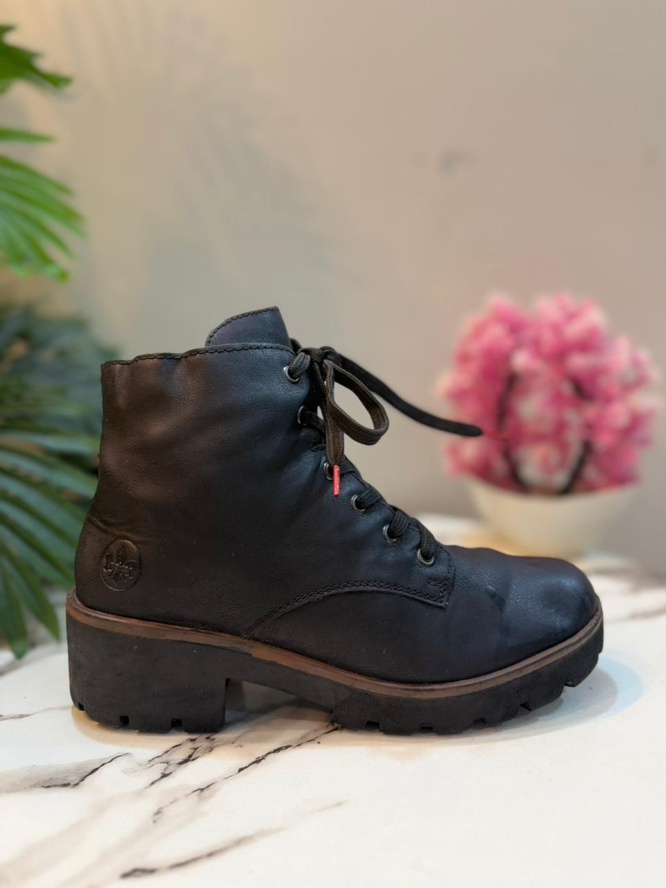 Black leather laceup zipper ankle boot rieker