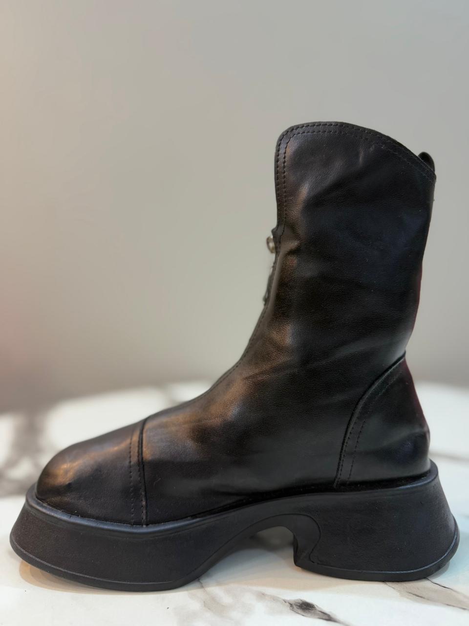 Black leather front zipper ankle boot (European Brand)