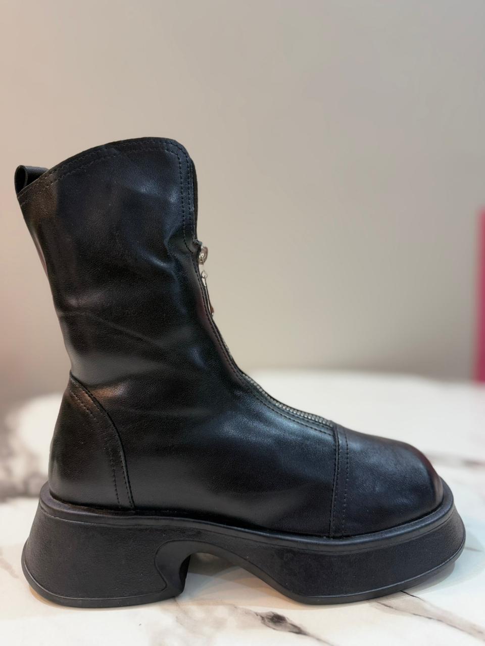Black leather front zipper ankle boot (European Brand)