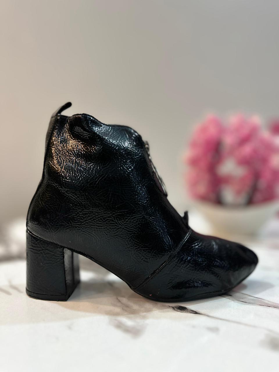 Black patent leather front zipper ankle boot (Unknown)