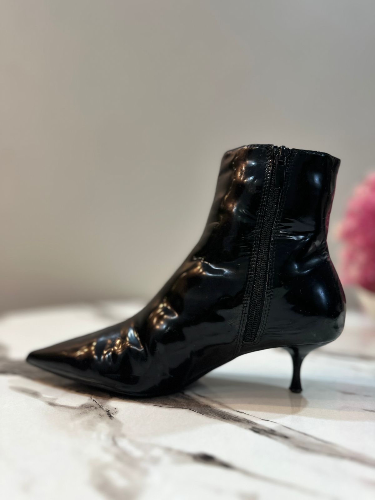 Black patent leather front zipper ankle boot (Zara)