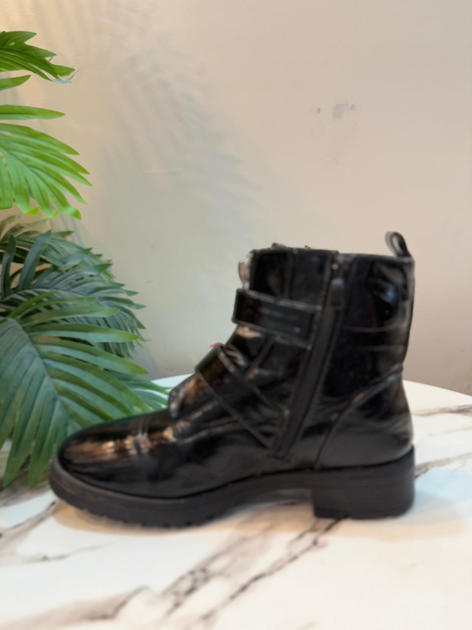 Black patent leather zipper double buckle ankle boot (European Brand)