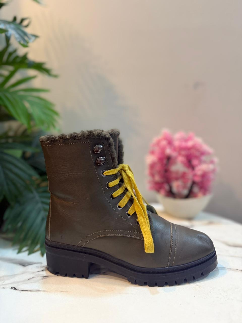 Olive green leather laceup zipper ankle boot  (Unisa)