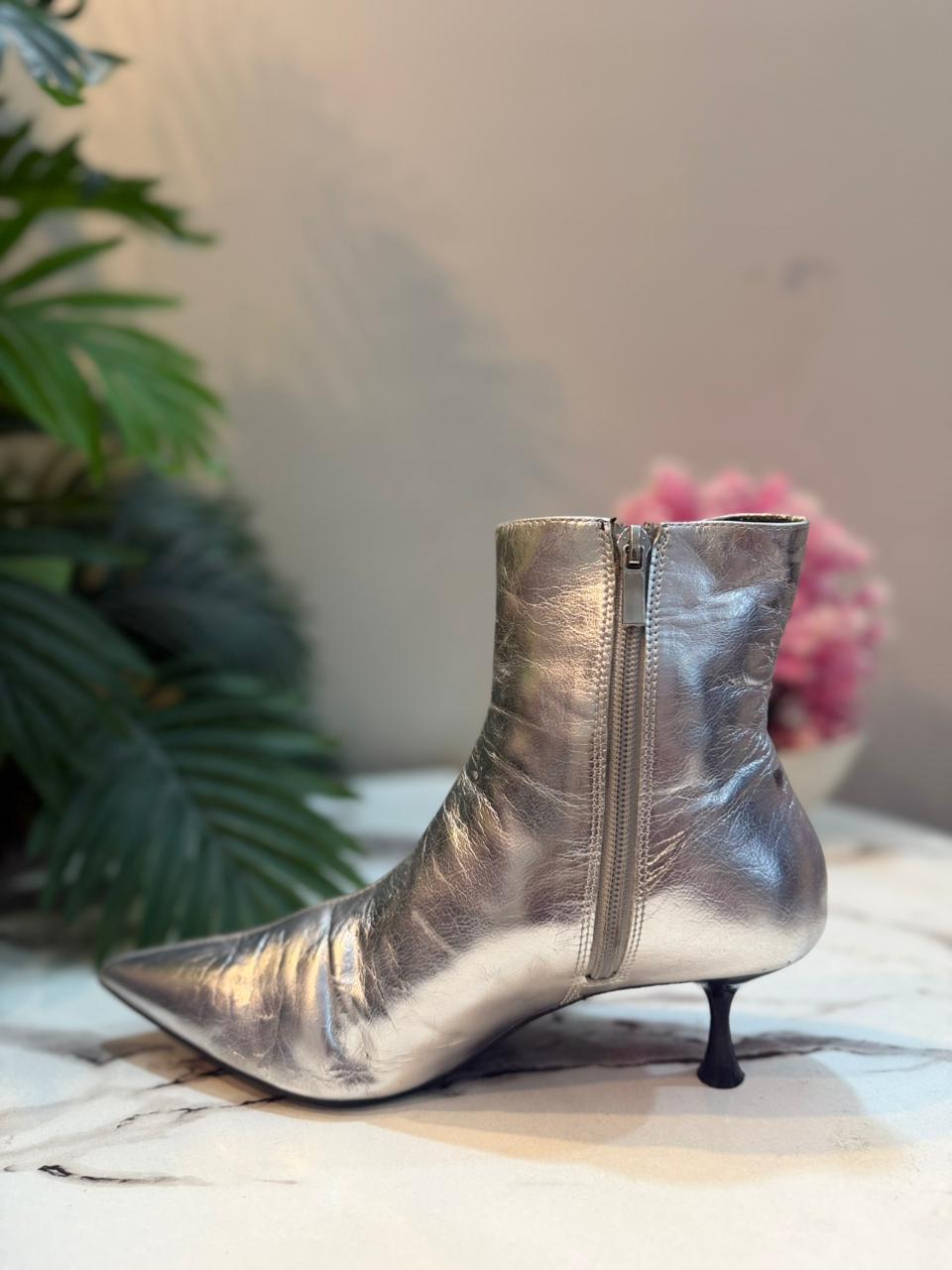 Metallic silver patent leather zipper ankle boot (Zara)