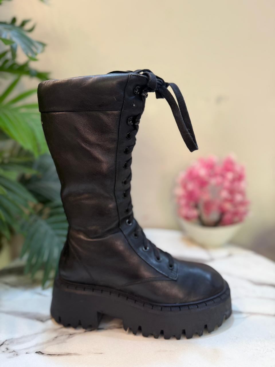 Black leather laceup zipper ankle boot (Zara)