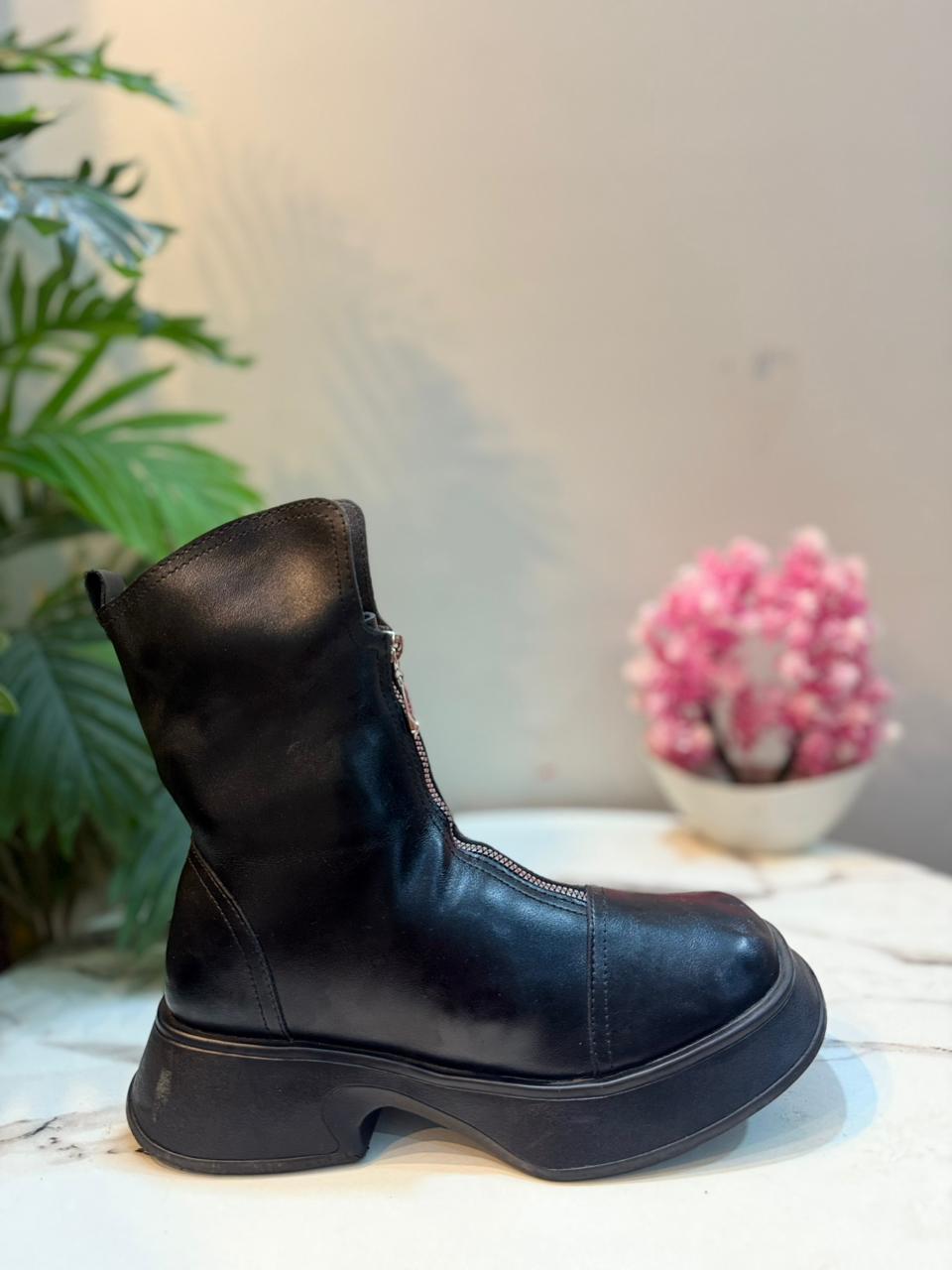 Black leather front zipper ankle boot (European Brand)