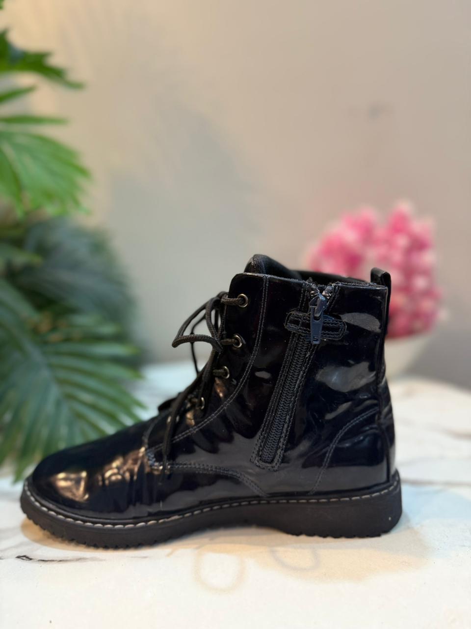 Black patent leather laceup zipper ankle boot (RTR)