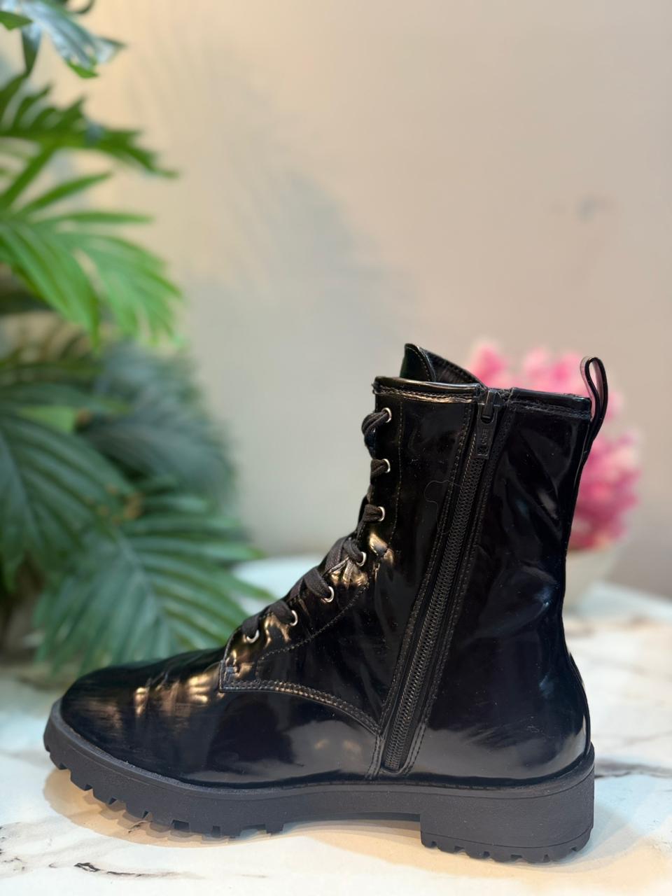 Black patent leather laceup zipper ankle boot (H&M)