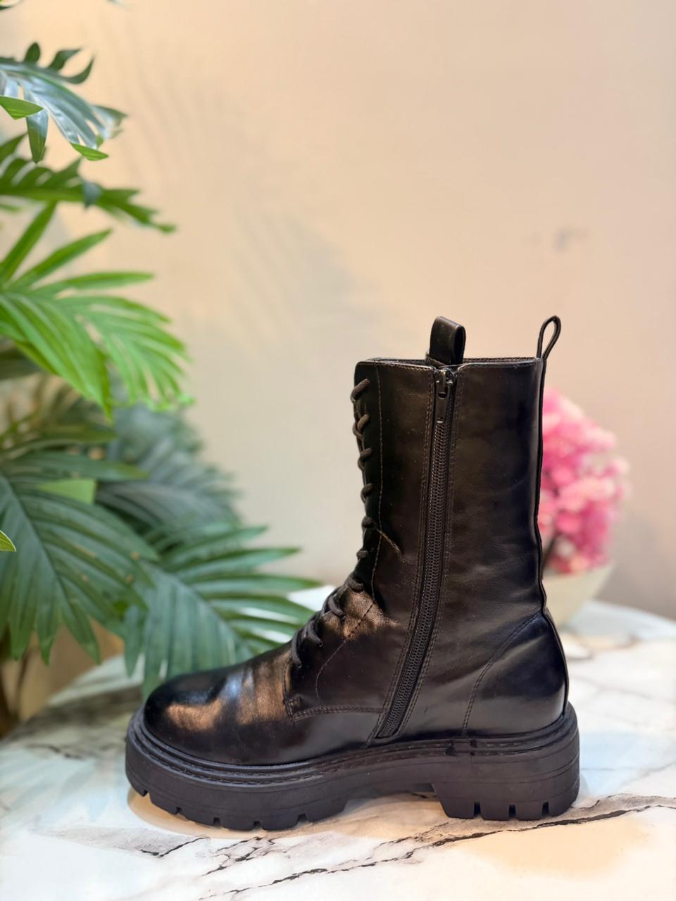 Black leather laceup zipper ankle boot (European brand)