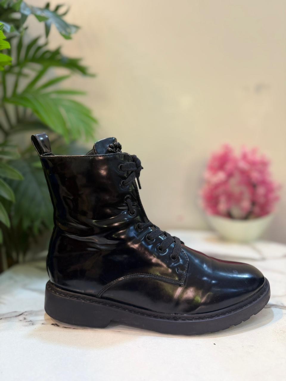 Black patent leather laceup zipper ankle boot (Findlay)