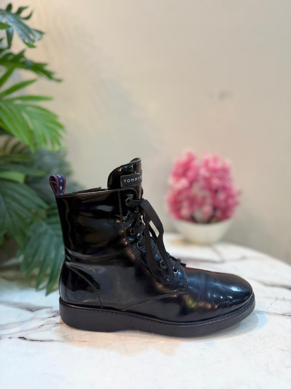 Black patent leather laceup zipper ankle boot (Tommy Hilfiger)