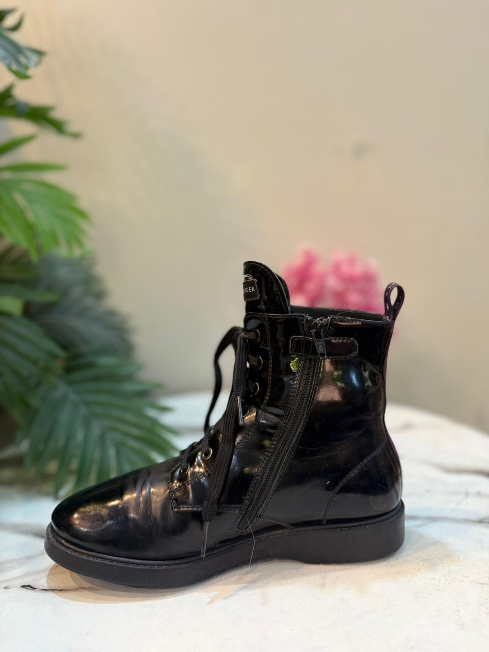 Black patent leather laceup zipper ankle boot (Tommy Hilfiger)