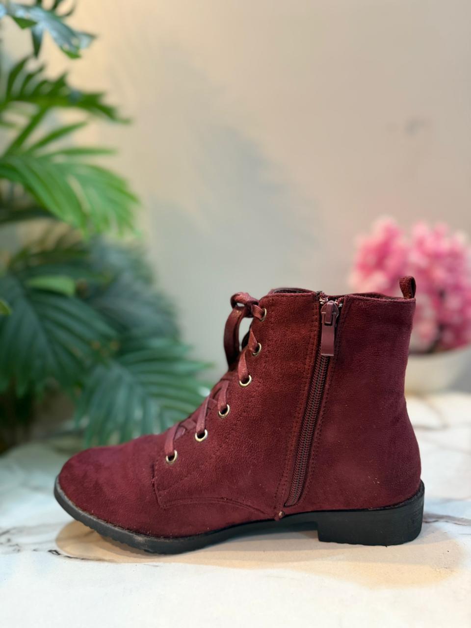 Burgundy suede laceup zipper ankle boot (Unknown)