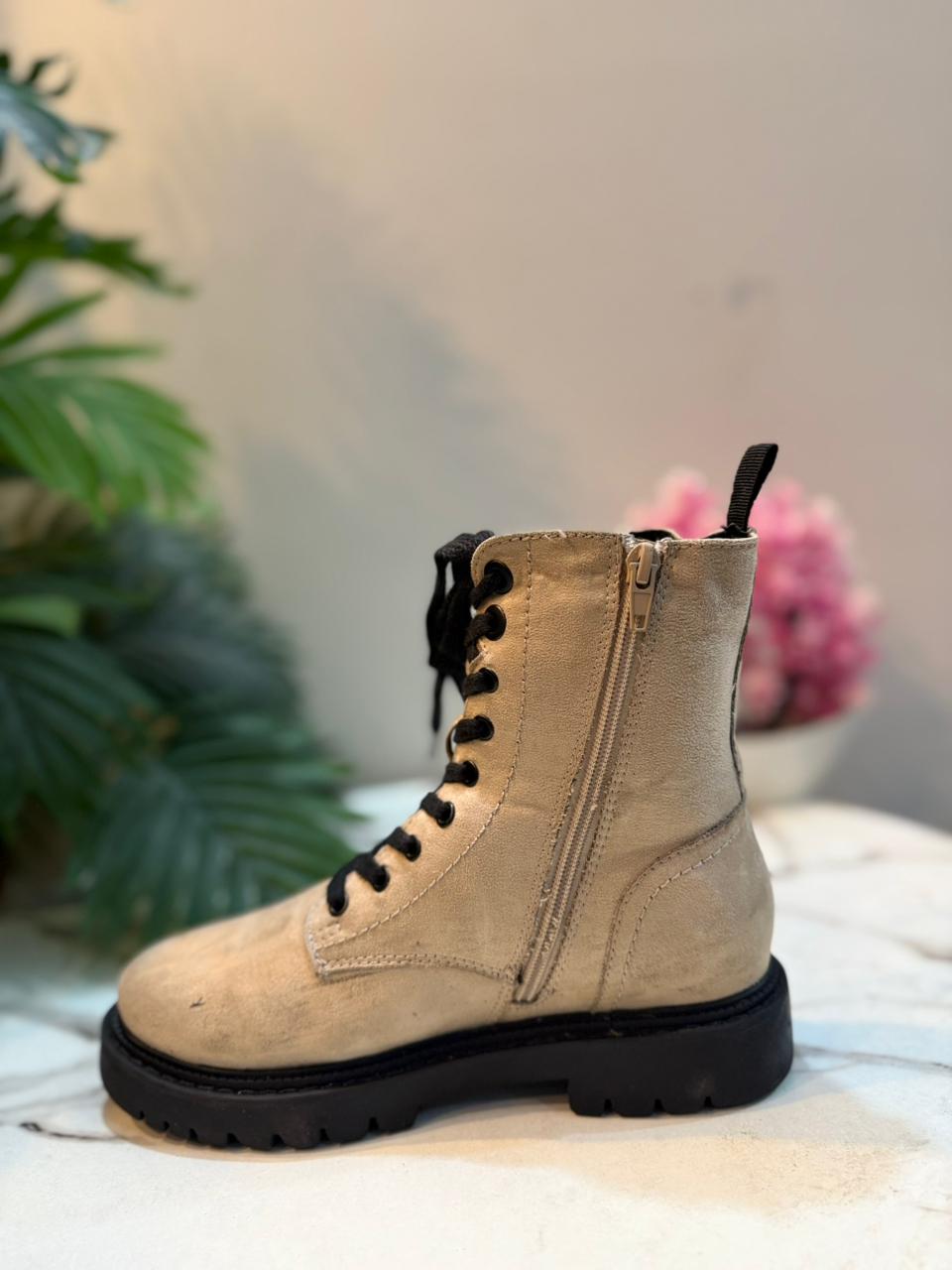 Beige suede laceup zipper ankle boot (European brand)