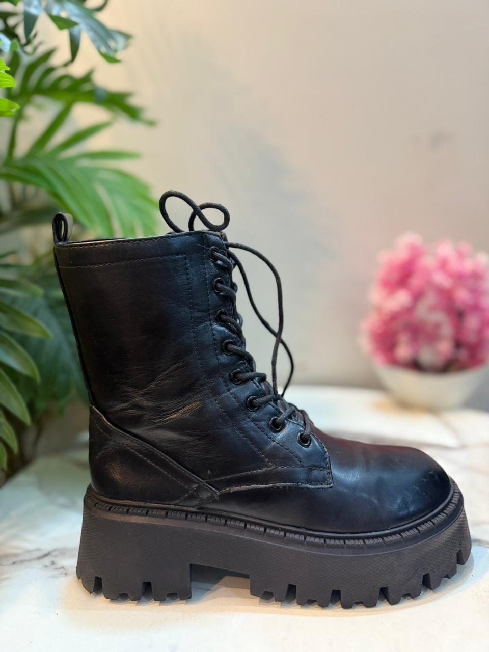 Black leather laceup zipper ankle boot (European brand)