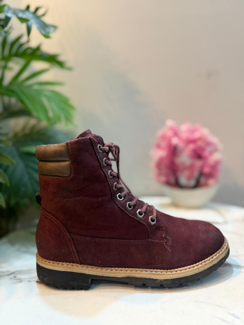 Maroon suede laceup zipper ankle boot (Ladrover)