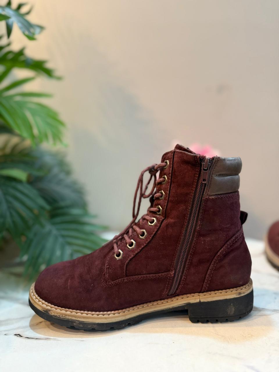 Maroon suede laceup zipper ankle boot (Ladrover)