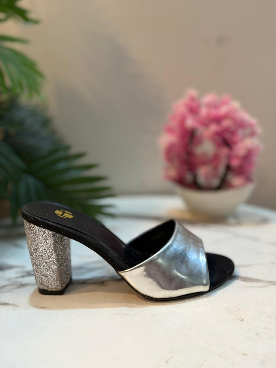 Black and silver block heel