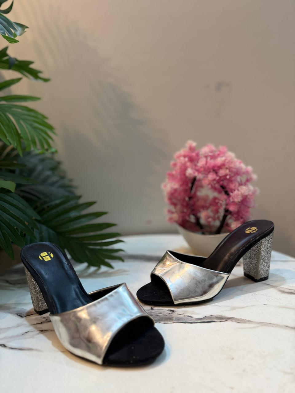 Black and silver block heel