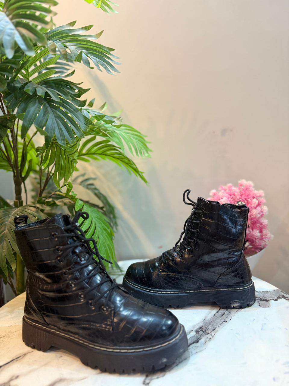 Black leather laceup ankle boot (Unknown)