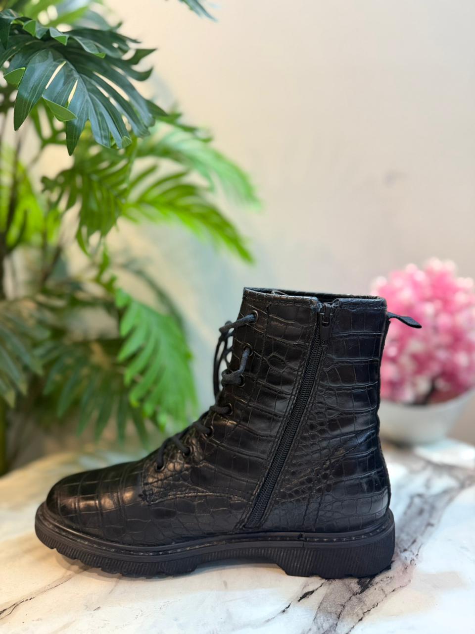Black leather laceup zipper ankle boot (European brand)