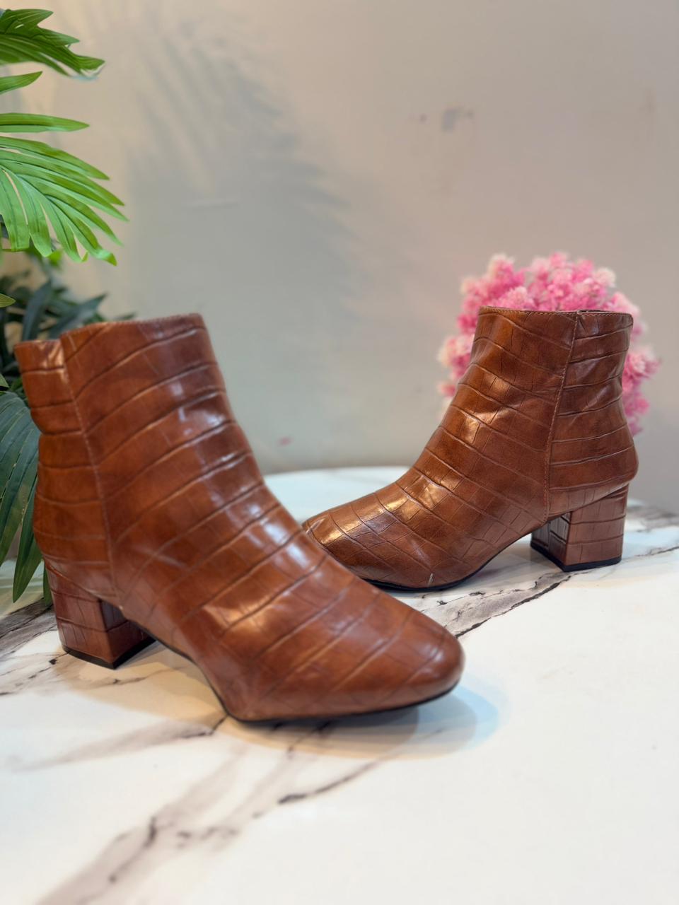 Brown leather ankle zipper boot