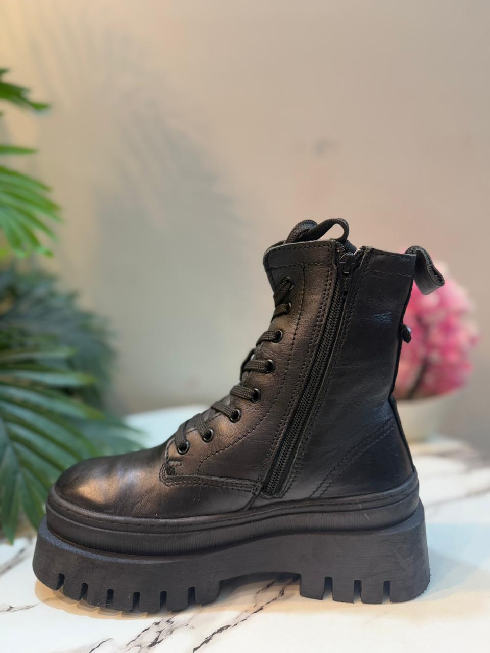 Black leather laceup side zipper ankle boot (tamaris )