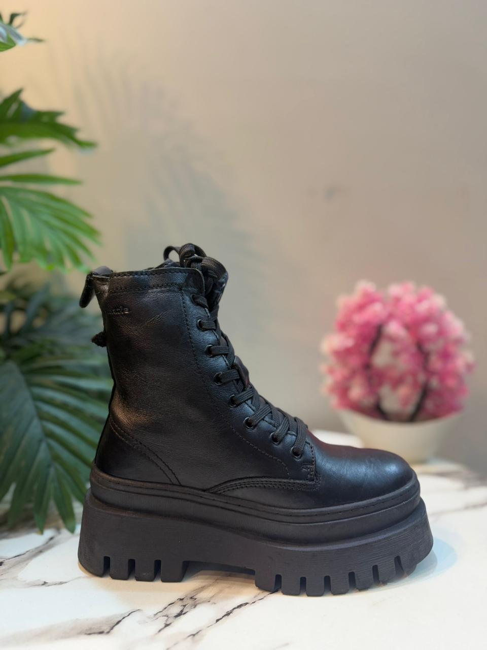 Black leather laceup side zipper ankle boot (tamaris )