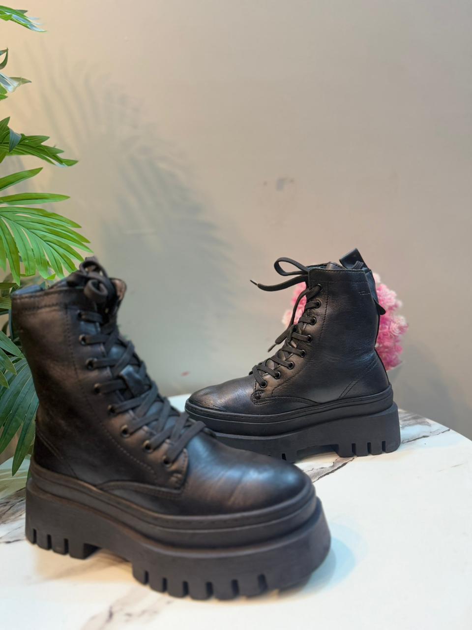 Black leather laceup boot with side zipper (nelson)