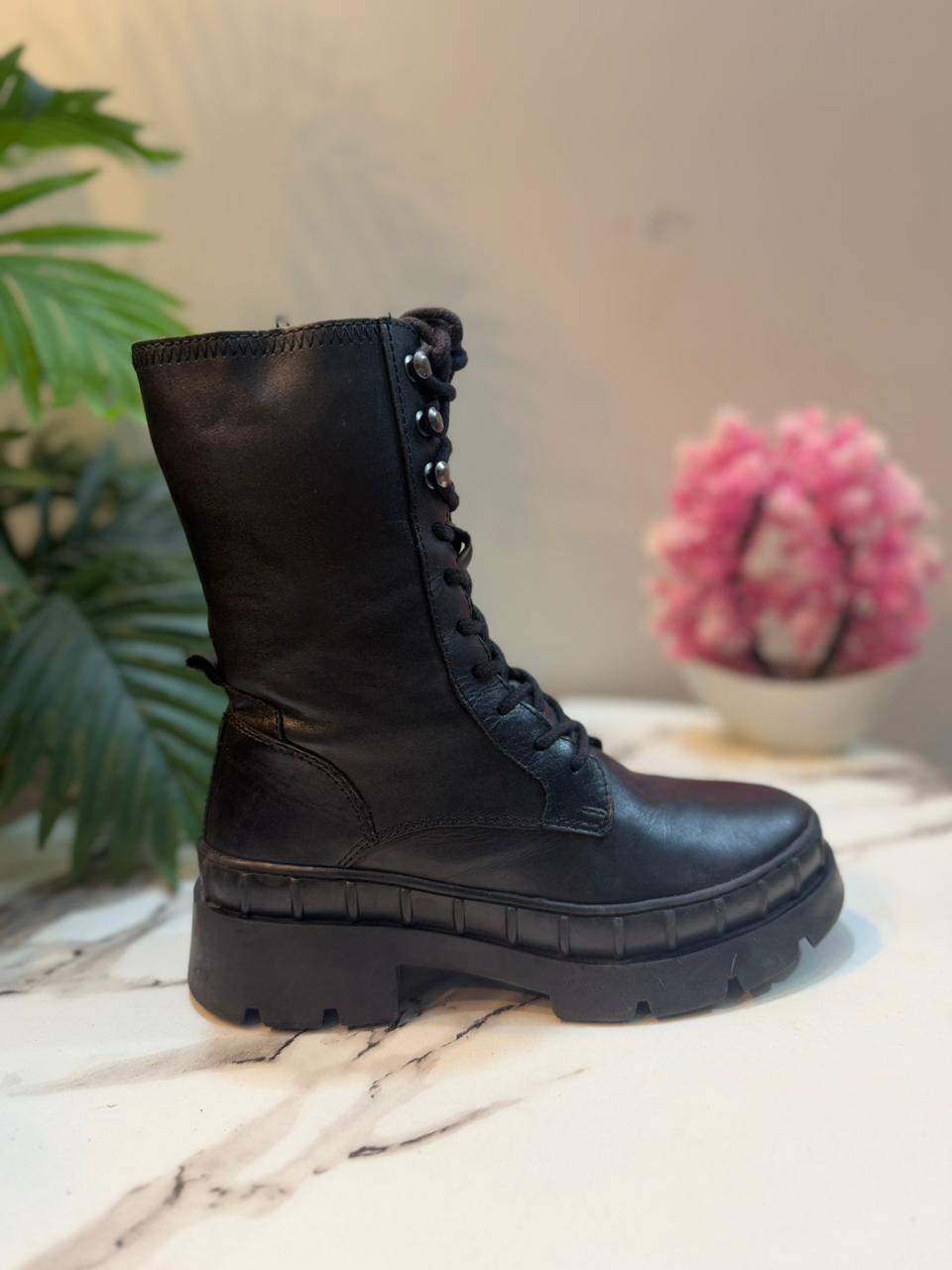 Black leather laceup boot with side zipper (nelson)