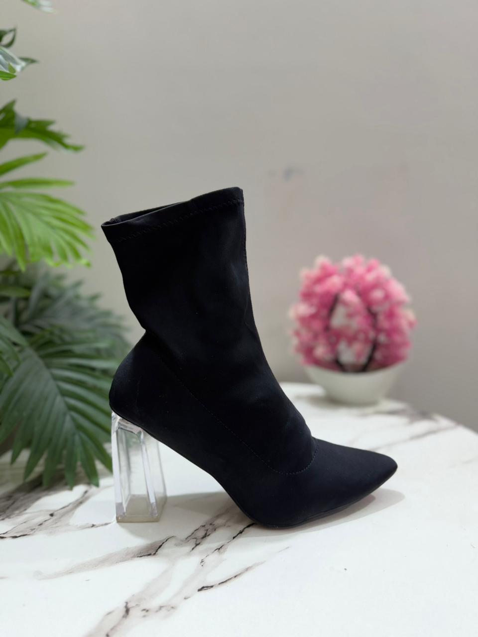 Black satin heeled ankle boot ( fashion nova)