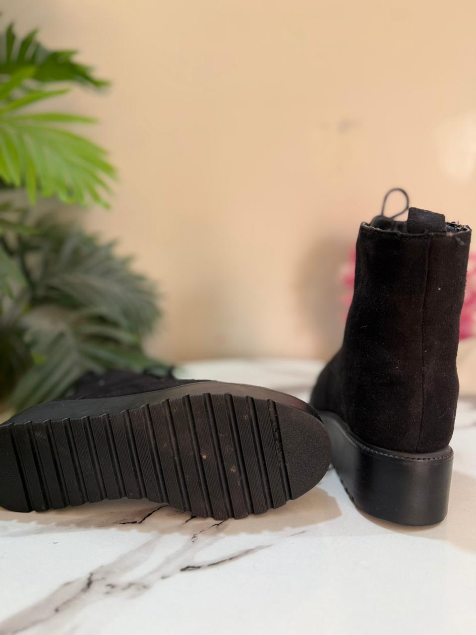 Black suede wedge laceup zipper ankle boot