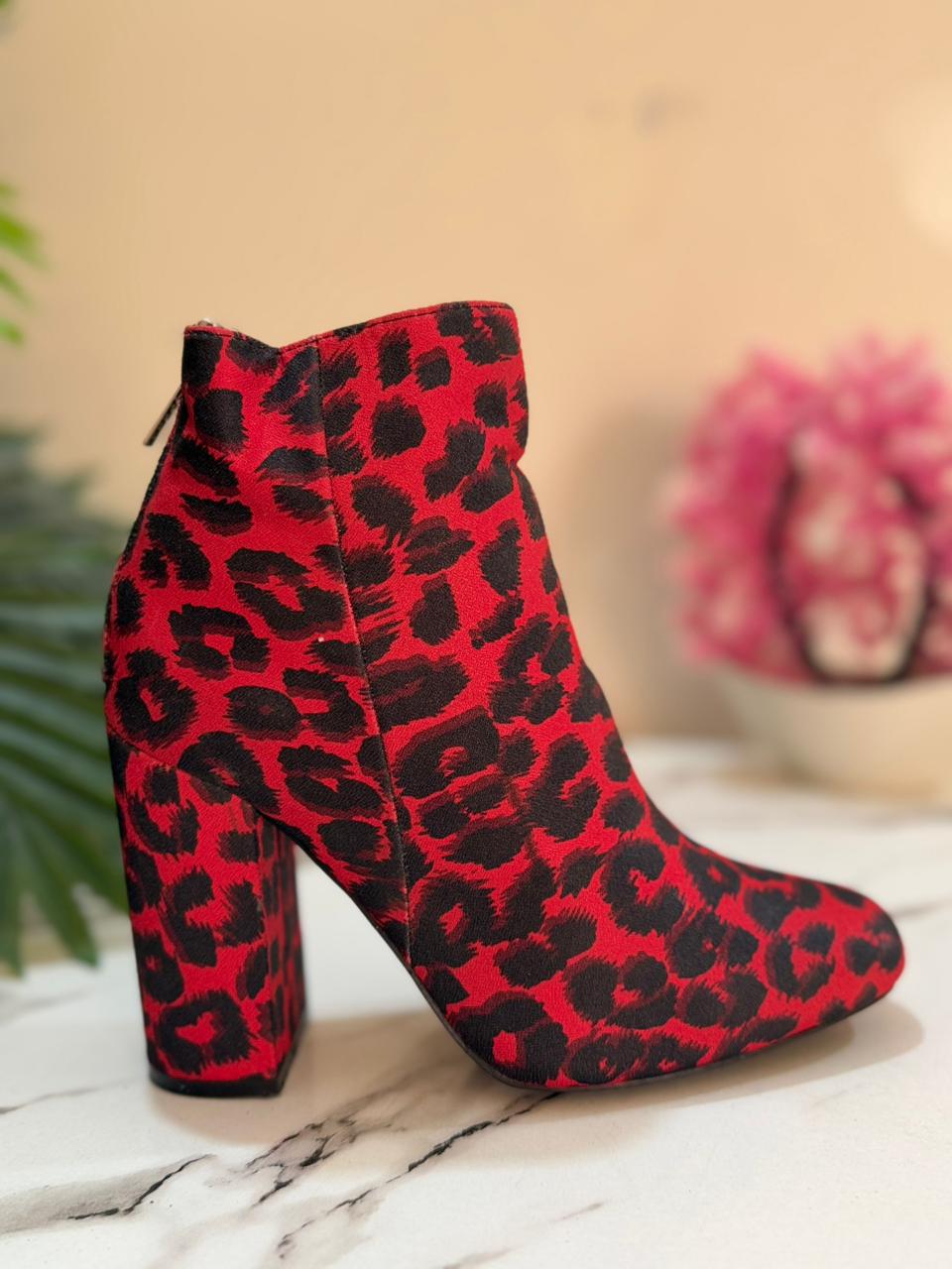 Red leopard print leather back zipper ankle boot ( shoedazzle )