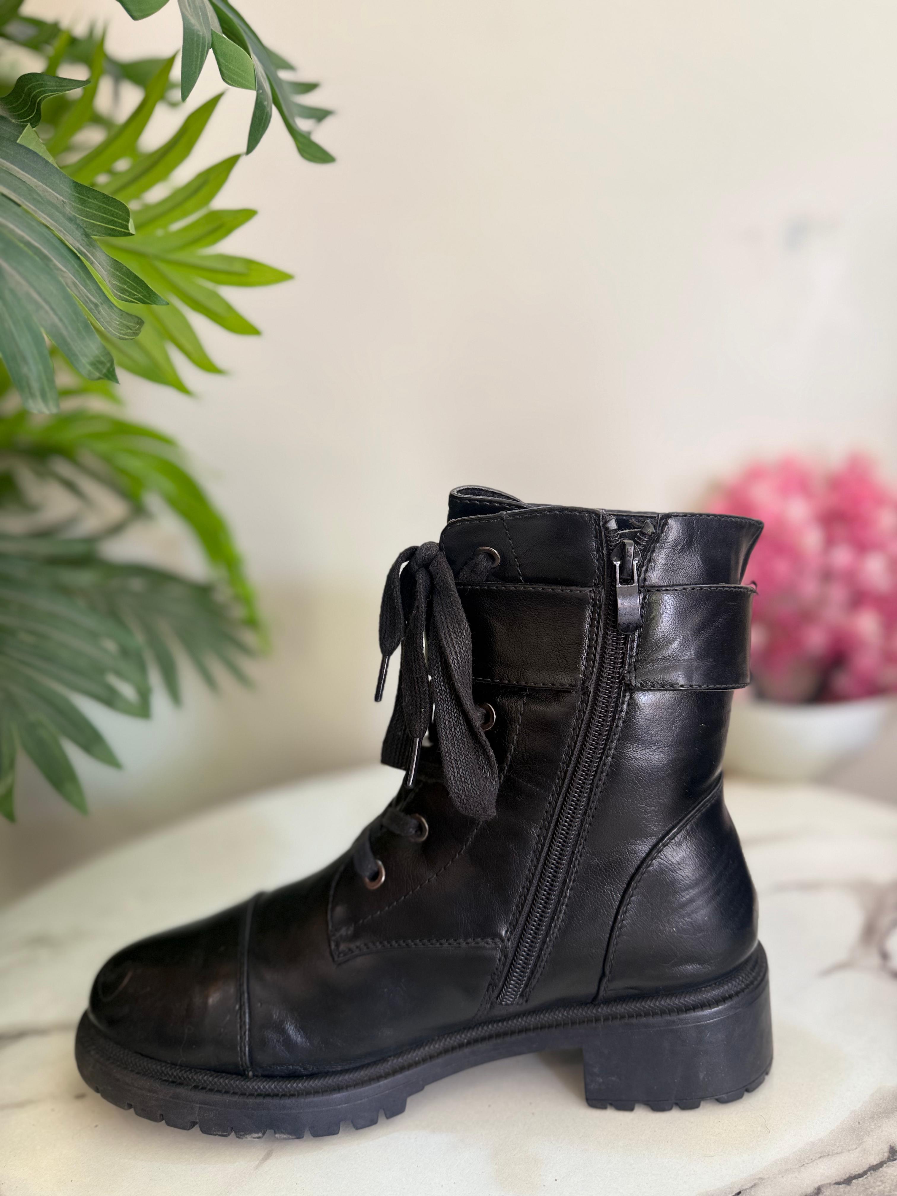 Black leather zipper lace up ankle boot (Europeanbrand)