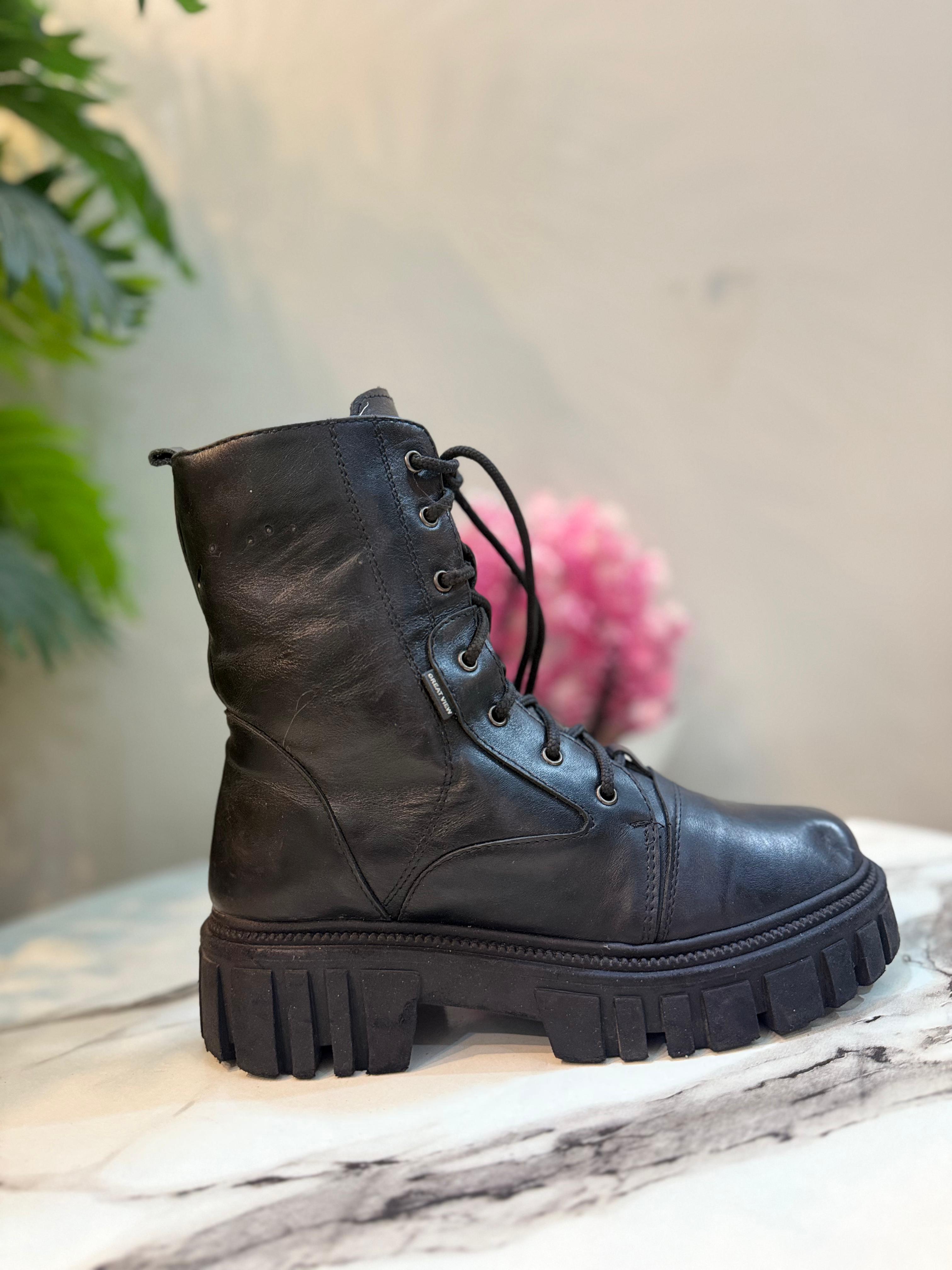 Black leather zipper lace up ankle boot (unknown)