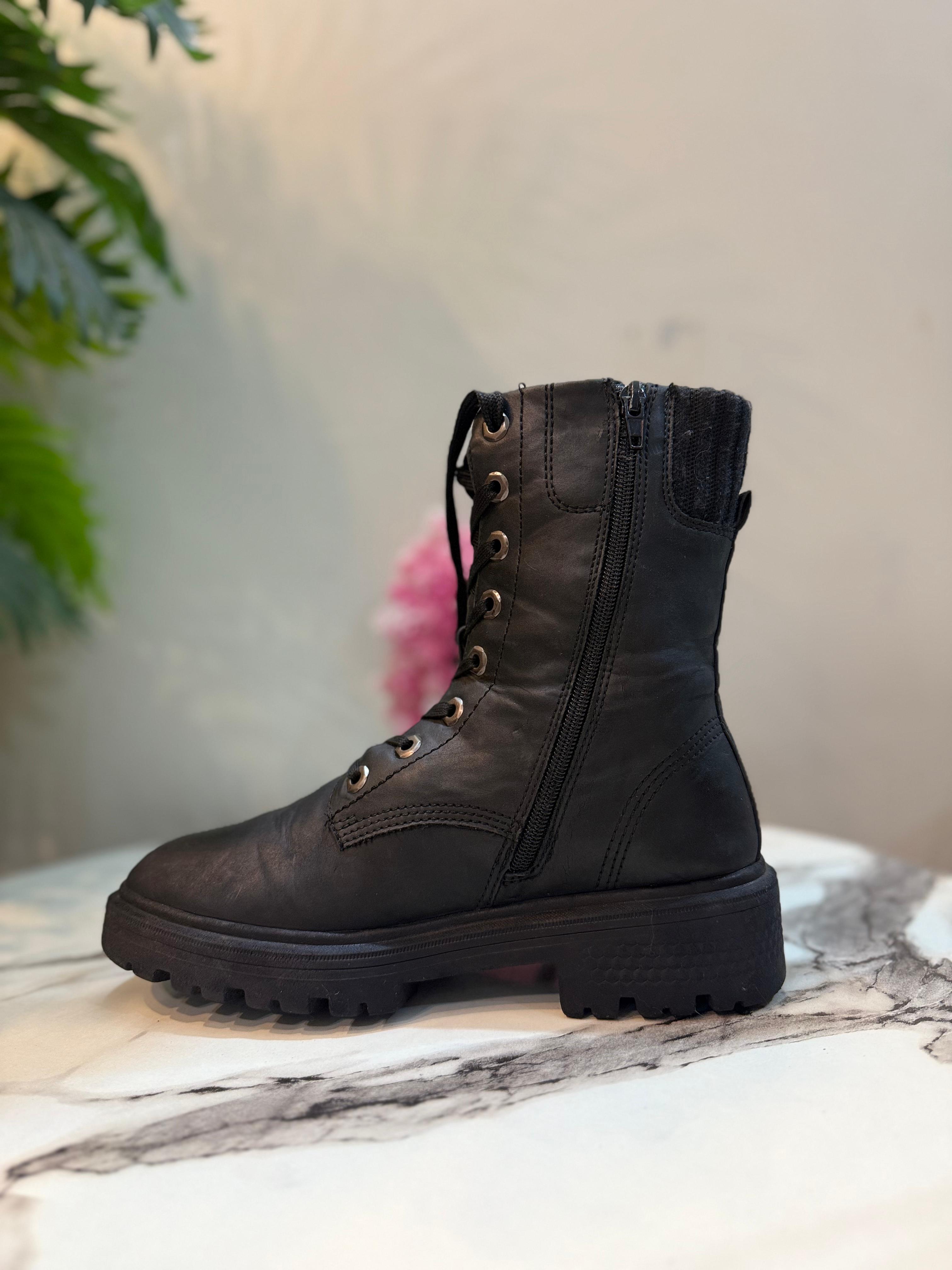 Black leather zipper lace up ankle boot (unknown)