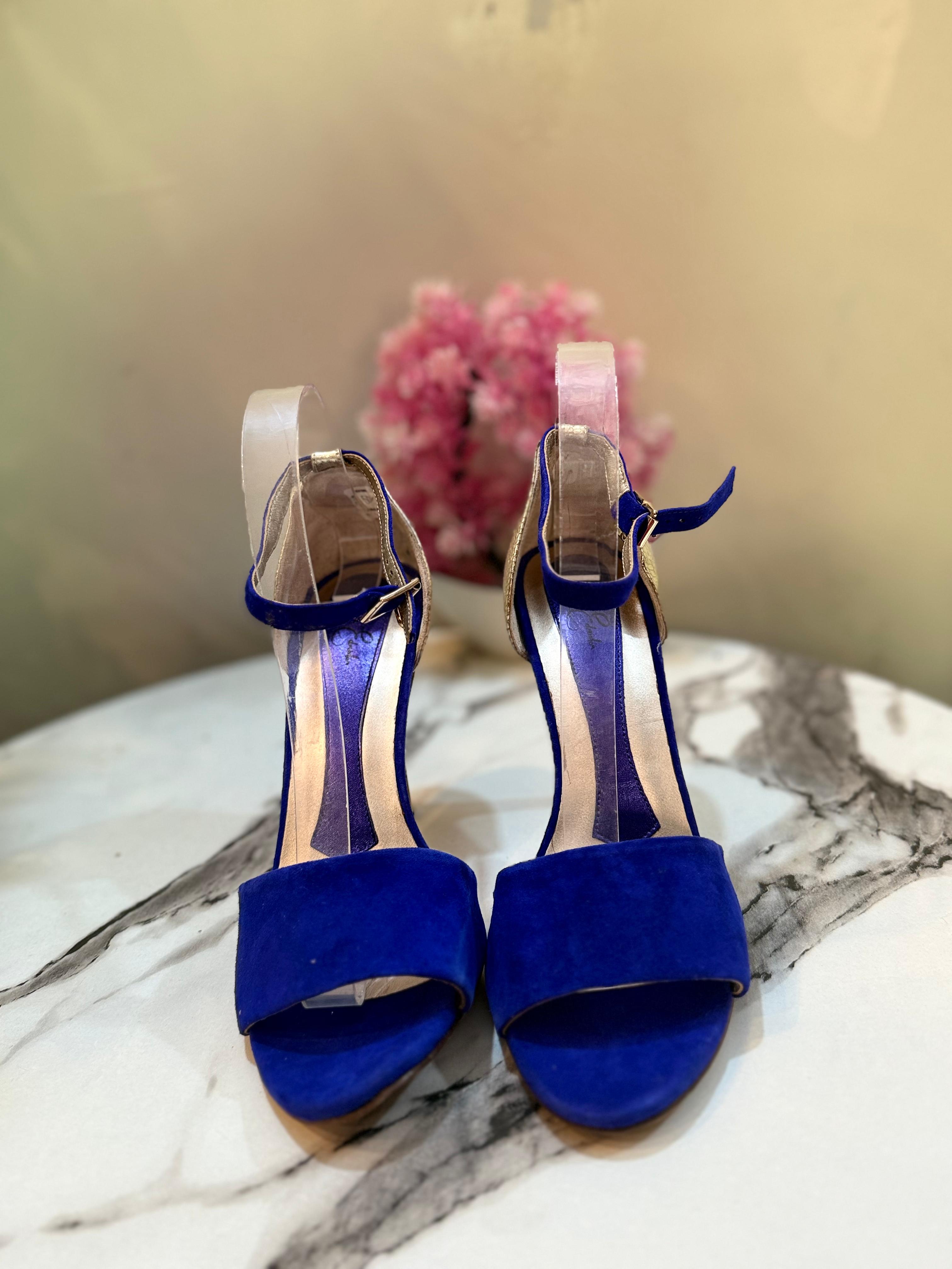 Blue and gold pencil heel